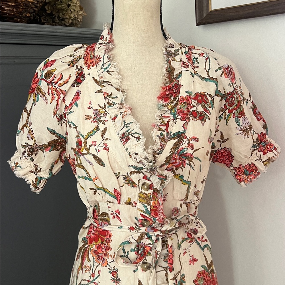 Pilcro by Anthropologie Floral Dress Beige Multi Ruffle Collar Button Lined - Picture 6 of 8